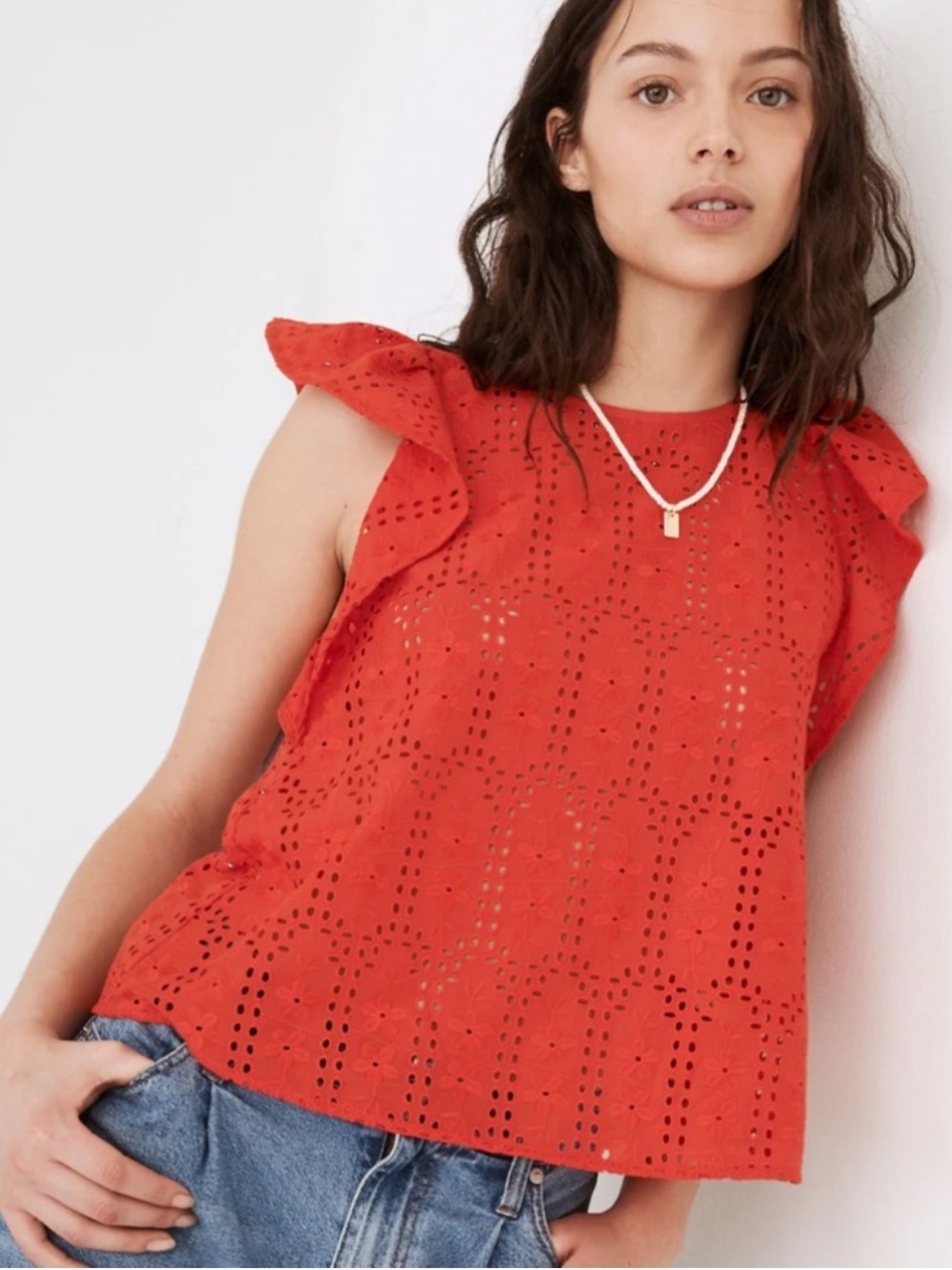 Madewell Eyelet Crewneck Flutter-Sleeve Top Size XL